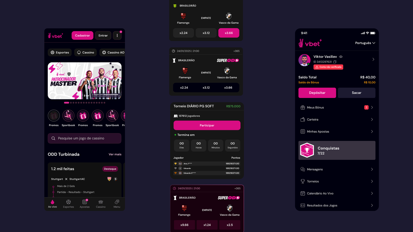 Vbet — Home mobile, cards de jogos e menu da conta